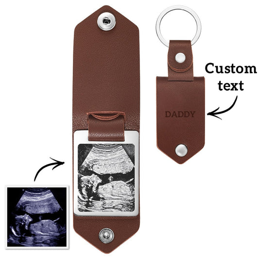 Personalised leather photo keyring with clear photo insert and metal ring, premium new dad gift and baby keepsake