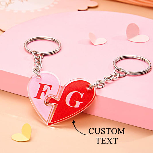 Set of two personalised heart keyrings attached to keys and bag personalised initials matching puzzle keyring perfect for Valentine's Day or anniversary