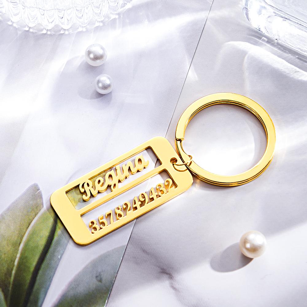 Alternative view of a personalised keyring for emergencies, highlighting the engraved details.