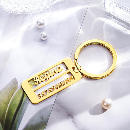 Alternative view of a personalised keyring for emergencies, highlighting the engraved details.