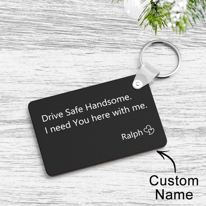 Custom engraved keychain attached to car keys — a personalised safe driving reminder and comforting couple gift for daily commutes