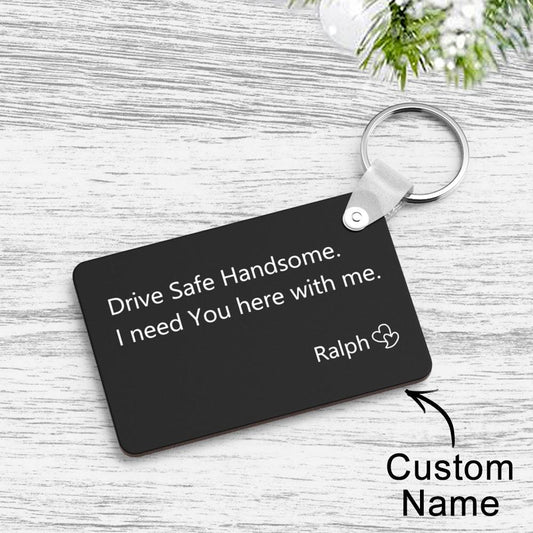 Custom engraved keychain attached to car keys — a personalised safe driving reminder and comforting couple gift for daily commutes
