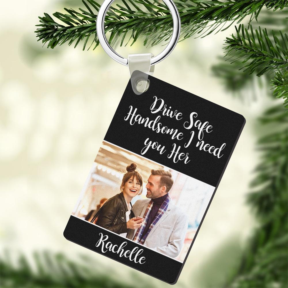 Custom photo engraved keychain pair on white background – personalised metal 'Drive Safe' keychains with clear laser-engraved couple photos, ideal couple love gifts