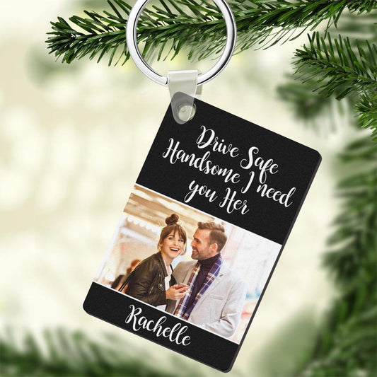 Custom photo engraved keychain pair on white background – personalised metal 'Drive Safe' keychains with clear laser-engraved couple photos, ideal couple love gifts