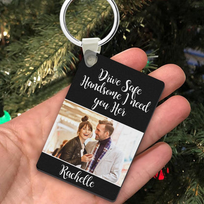 Close-up of personalised photo engraved keychain showing high‑resolution laser engraving on durable metal alloy and sturdy keyring – perfect drive safe keepsake