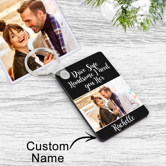Custom photo engraved keychain pair on white background – personalised metal 'Drive Safe' keychains with clear laser-engraved couple photos, ideal couple love gifts