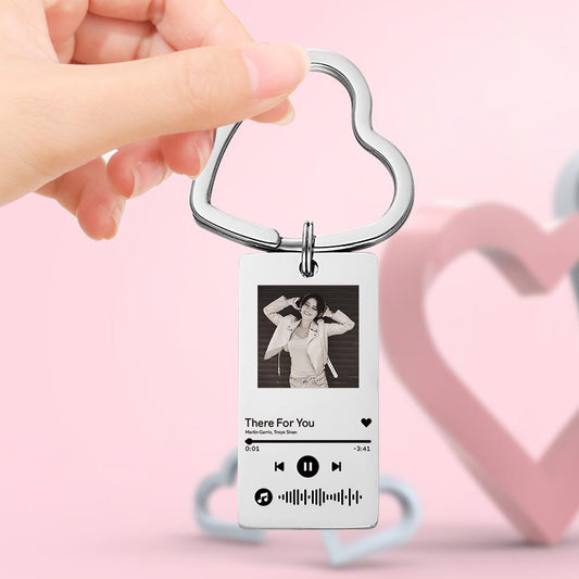 Stainless steel personalised photo scannable music keyring showing engraved scannable code and sample photo — custom song keychain gift for a favourite track