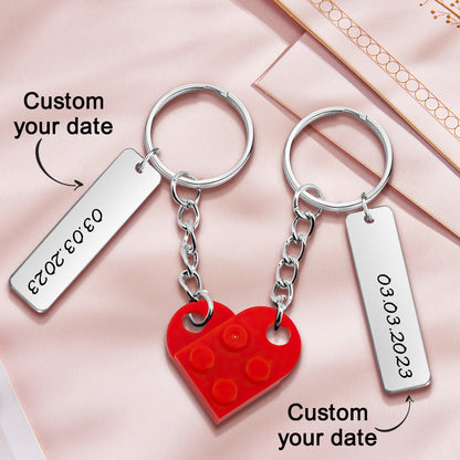 Personalised Date-Matching Couples Heart Brick Keychain set — matching engraved heart bricks on key rings, ideal anniversary or Valentine’s gift