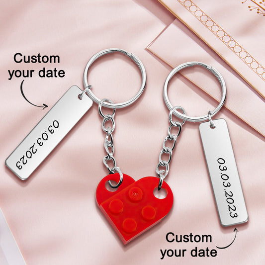Personalised Date-Matching Couples Heart Brick Keychain set — matching engraved heart bricks on key rings, ideal anniversary or Valentine’s gift