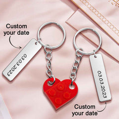 Personalized Date Matching Couples Love Heart Bricks Keychain for Couples