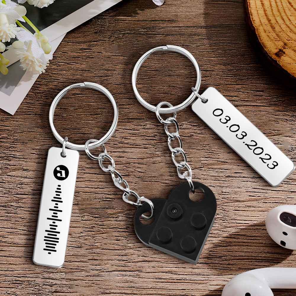 Personalized Music Code and Date Matching Couples Love Heart Bricks Keychain for Couples