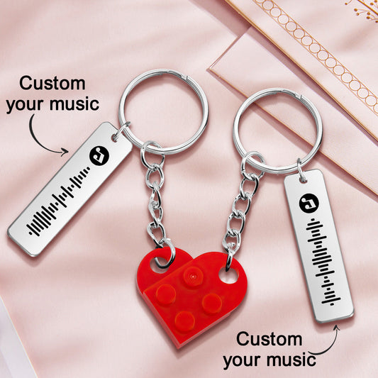 Personalised music code couples love heart brick keyring set engraved with a shared song code and high‑resolution photo — matching anniversary and Valentine’s gift