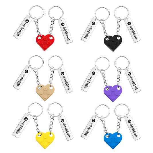 Personalised music code couples love heart brick keyring set engraved with a shared song code and high‑resolution photo — matching anniversary and Valentine’s gift