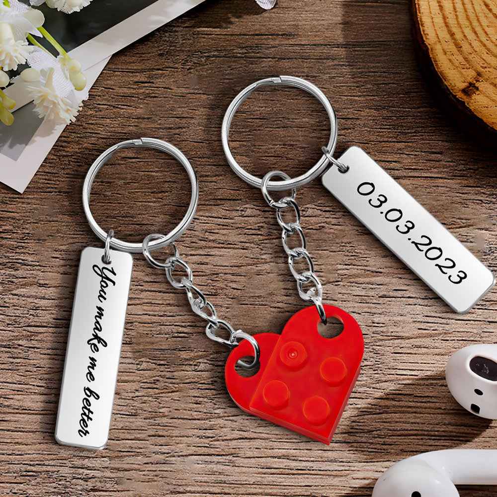 Personalized Text Matching Couples Love Heart Bricks Keychain for Couples
