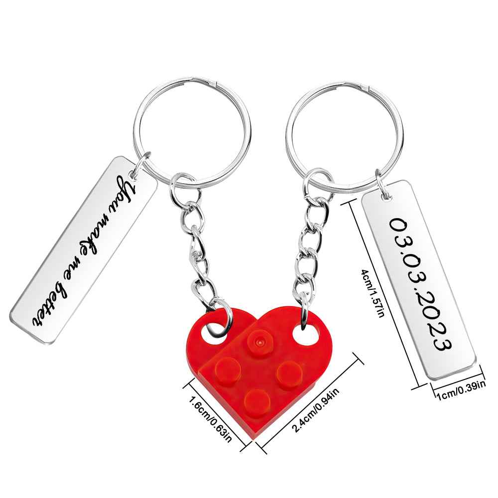 Personalized Text Matching Couples Love Heart Bricks Keychain for Couples