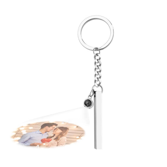 Personalised Photo Projection Keyring – polished steel engraved vertical cube pendant on a keyring, close-up showing personalised engraving and polished finish, ideal personalised keychain gift