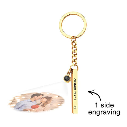 Front view of the engraved vertical cube pendant on a sturdy keyring – personalised keychain made from steel, suitable for everyday use