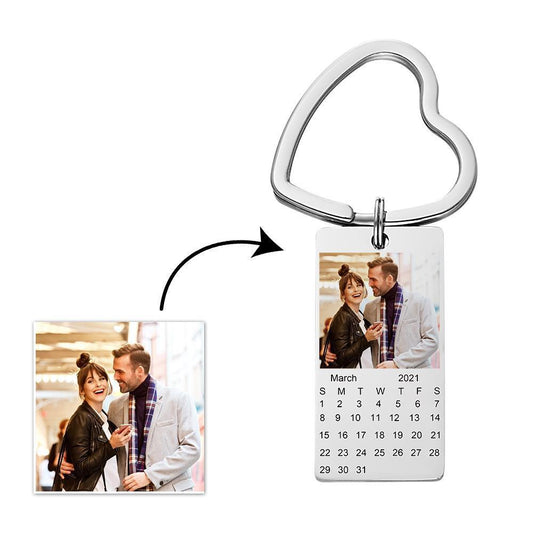Silver stainless steel personalised calendar photo keyring showing a clear printed portrait and mini calendar — custom calendar keychain keepsake