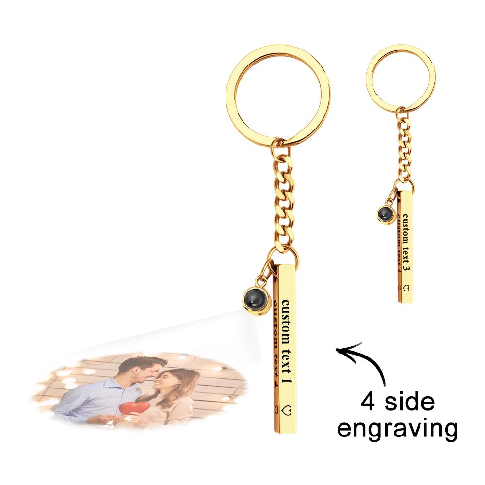The personalised keyring pictured next to a finger for scale to show 0.4 x 4cm size of the engraved vertical cube pendant – discreet keepsake