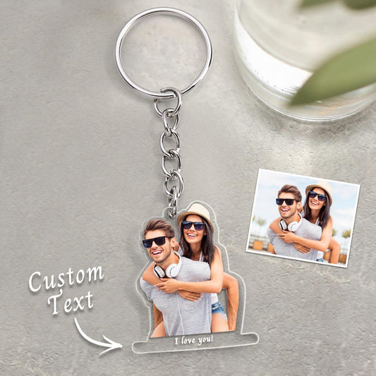 Acrylic photo keychain displayed on a neutral background with personalised name and date engraving — thoughtful personalised gift for partner or friend