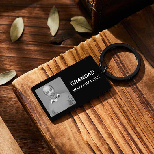Packaged personalised photo and Spotify code keychain presented as a memorial gift — customised music memory keepsake