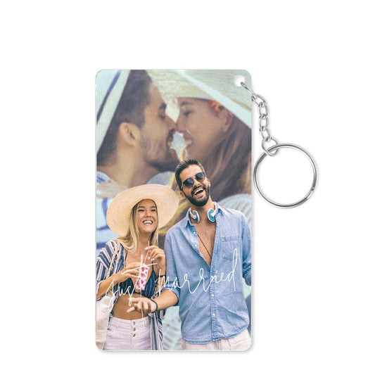 Personalised Spotify Code acrylic keychain featuring a high‑resolution custom photo, engraved names and a printed scannable Spotify code for instant playback — perfect just‑married gift.