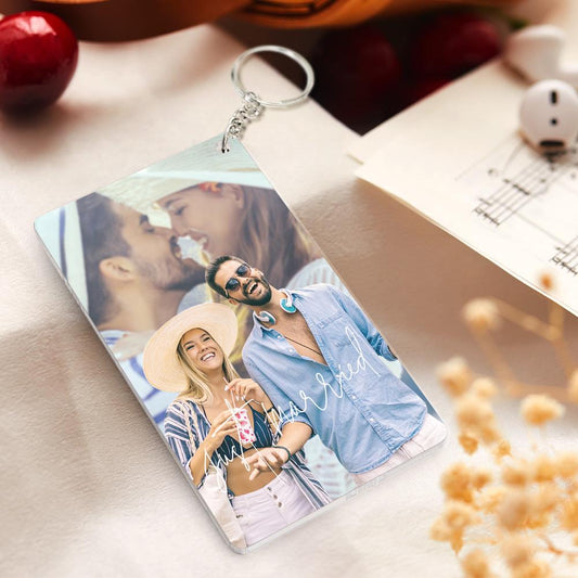Personalised Spotify Code acrylic keychain featuring a high‑resolution custom photo, engraved names and a printed scannable Spotify code for instant playback — perfect just‑married gift.