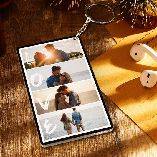 Personalised acrylic keychain with four photos, custom text and scannable Spotify code, perfect Valentine's gift for couples