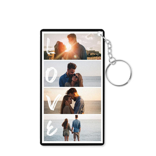 Personalised acrylic keychain with four photos, custom text and scannable Spotify code, perfect Valentine's gift for couples