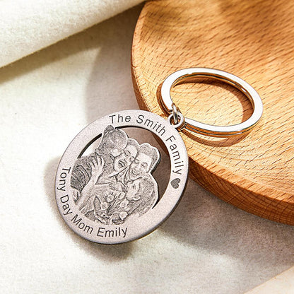 Two personalised family photo keyrings displayed as matching custom photo gifts