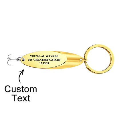 Fish hook keyring attached to keys and leather fob — engraved keychain styled as a personalised keyring for him, perfect gift for dads or husbands
