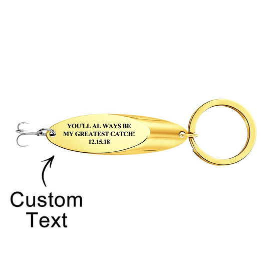 Fish hook keyring attached to keys and leather fob — engraved keychain styled as a personalised keyring for him, perfect gift for dads or husbands
