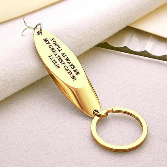 Fish hook keyring attached to keys and leather fob — engraved keychain styled as a personalised keyring for him, perfect gift for dads or husbands