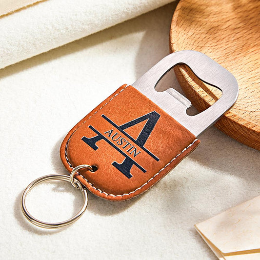 Close-up of precision laser-engraved text on leather keyring, showing permanent, wear-resistant engraving ideal for custom engraved keychain gifts