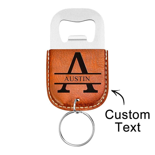 Close-up of precision laser-engraved text on leather keyring, showing permanent, wear-resistant engraving ideal for custom engraved keychain gifts