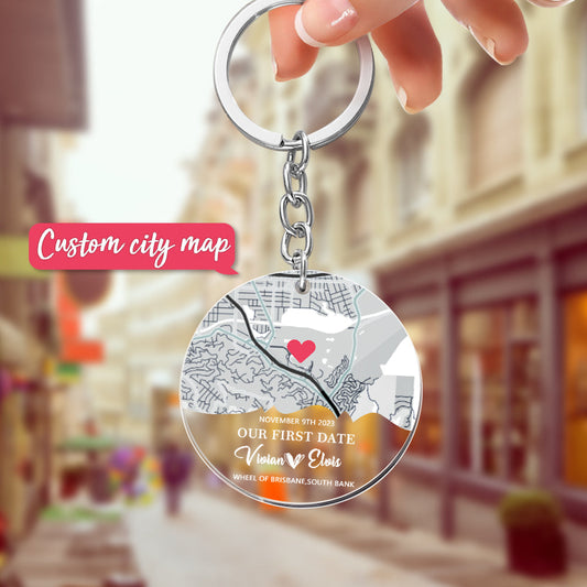 Personalised acrylic music keychain with scannable music code and custom map – Our First Date keepsake