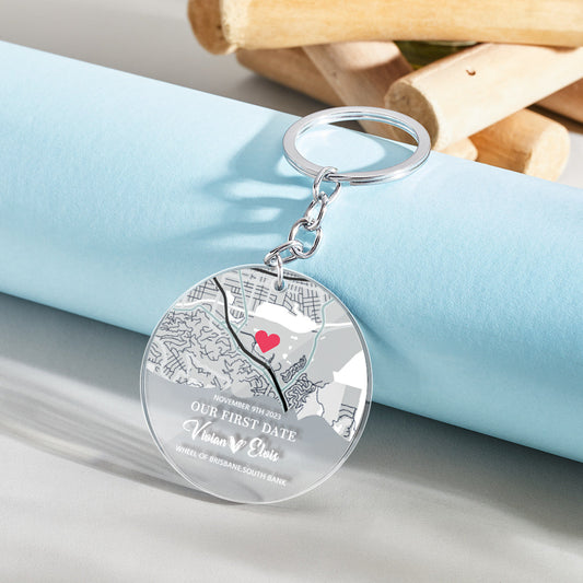 Personalised acrylic music keychain with scannable music code and custom map – Our First Date keepsake
