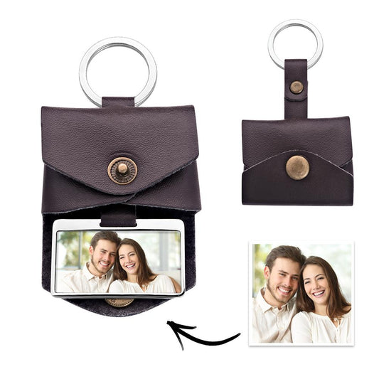 Lifestyle view of personalised leather keyring attached to keys and tucked into a pocket, compact carry-everywhere photo keepsake for couples or Valentine’s Day