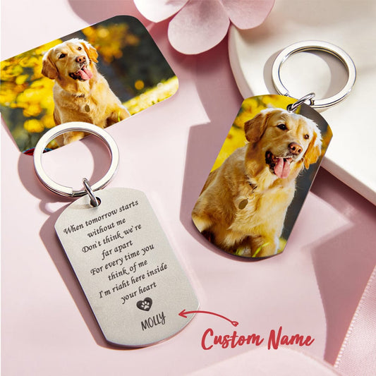 Engraved pet photo keychain displayed with split ring – custom keyring featuring high‑resolution pet photo, perfect memorial or gift for mum, dad or friends