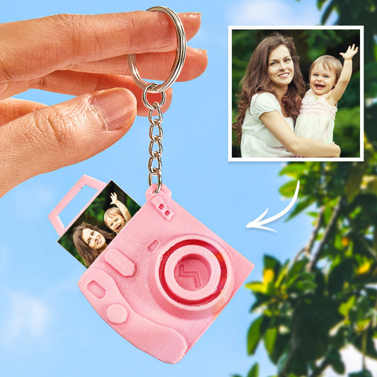Personalised mini camera keyring front view with pull-out photo — custom photo keychain gift