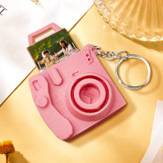 Personalised mini camera keyring front view with pull-out photo — custom photo keychain gift