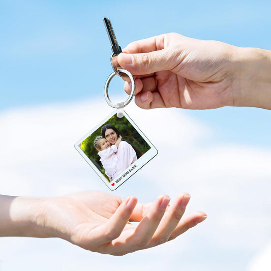 Personalised double-sided photo engraved keychain with full-colour print and engraved text, custom photo keyring gift for mum