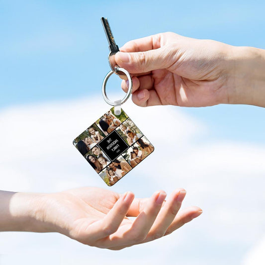 Personalised square multi-photo engraved keychain — custom collage photo keyring on a silver split ring, ideal personalised photo gift for anniversaries and Mother’s Day