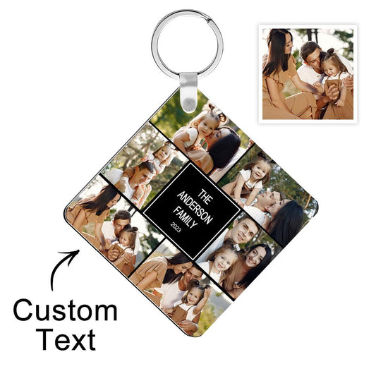 Personalised square multi-photo engraved keychain — custom collage photo keyring on a silver split ring, ideal personalised photo gift for anniversaries and Mother’s Day