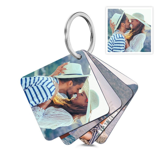 Personalised double-sided photo flip book keyring with clear acrylic panels and felt mini album — custom photo keychain gift for her