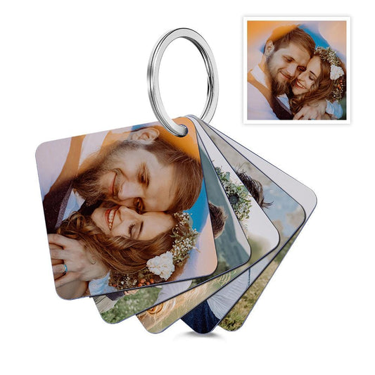 Personalised double-sided photo flip book keyring with clear acrylic panels and felt mini album — custom photo keychain gift for her