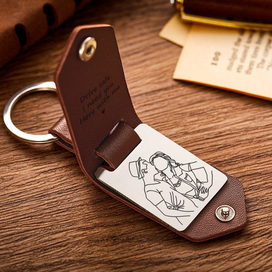 Engraved leather keyring presented as a keepsake gift with custom photo and date — personalised anniversary gift for boyfriend, ideal gifts for him
