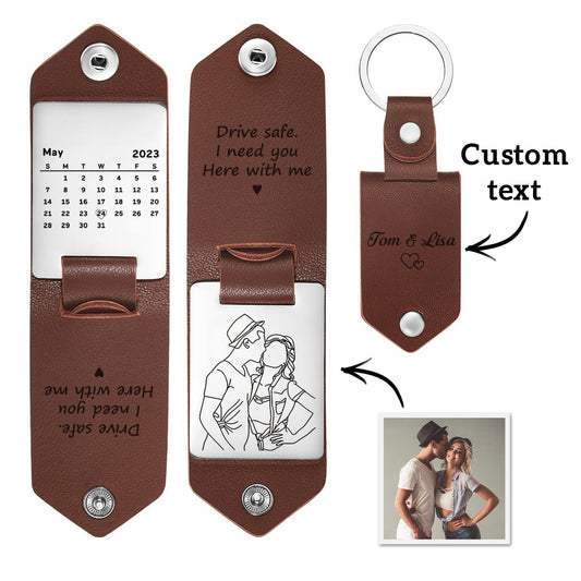 Engraved leather keyring presented as a keepsake gift with custom photo and date — personalised anniversary gift for boyfriend, ideal gifts for him