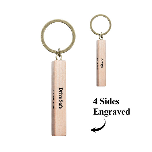 Personalised wood bar keyring variant A – four-sided engraved wooden keyring with custom name and date, perfect Father's Day or new home gift