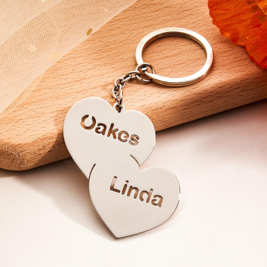 Personalised Name Double Hearts Keyring front view showing engraved twin hearts on a secure metal keyring ideal personalised couples gift